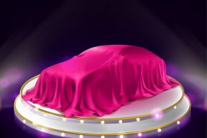 Car presentation, auto covered with veil stand on illuminated stage with searchlights. New luxury automobile lottery prize or gift under pink silk cloth in showroom. Realistic 3d vector illustration